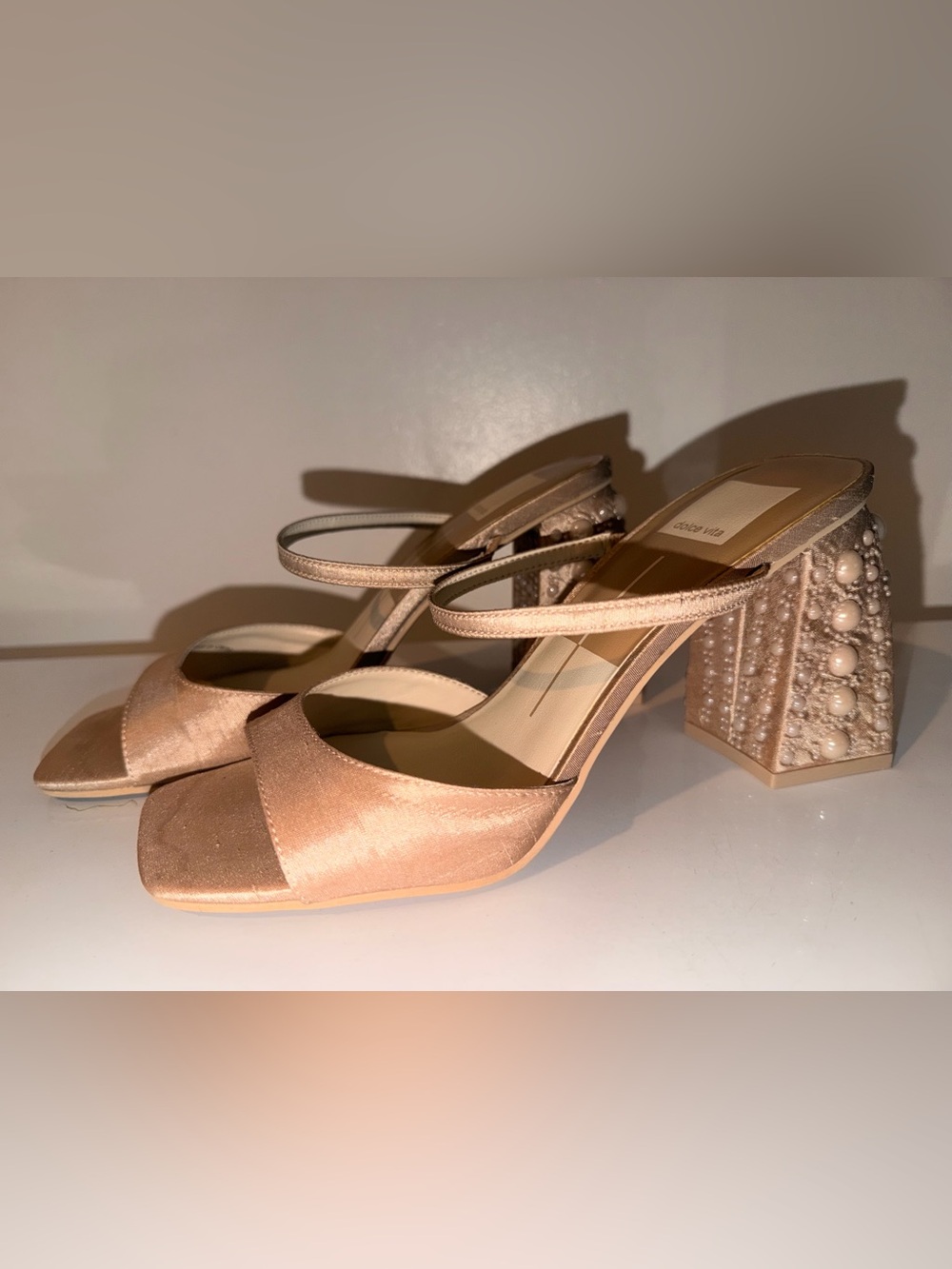 Dolce Vita Rose-Gold Satin Block Heel Sandals